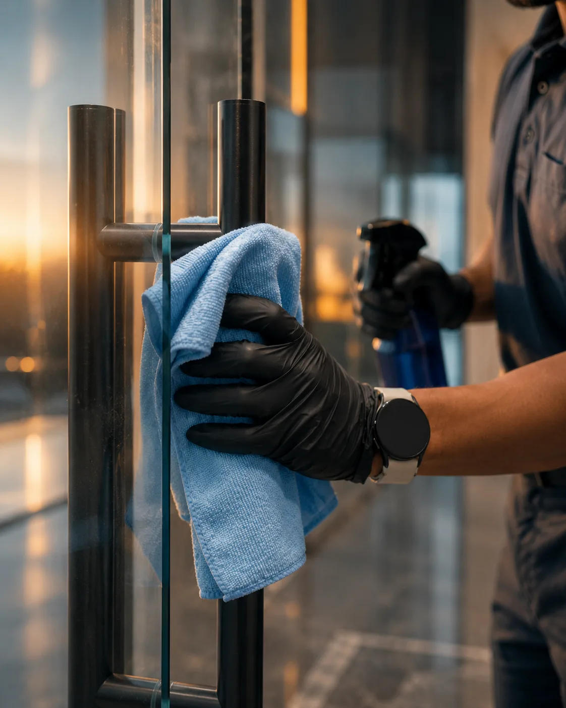 Cleaner wiping glass in a commercial building