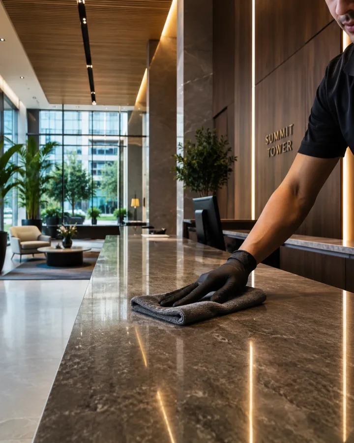Cleaner wiping a stone reception counter inside a polished commercial lobby